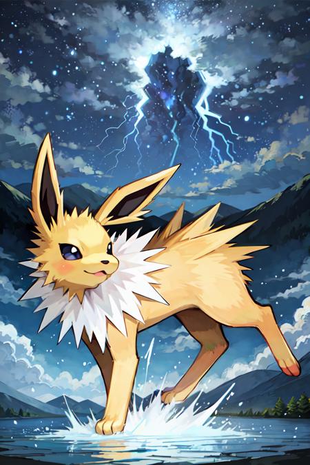 03099-69743278-masterpiece,best_quality__Jolteon,  pokemon (creature),__,JOLTEON,__forest,mountain, lake, cloudy sky, (lightning), _.png